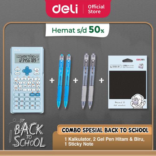 [EZO.7001753] PAKET SIAP SEKOLAH DELI - Kalkulator Ilmiah, 4 Gel Pen, 1 Sticky Notes