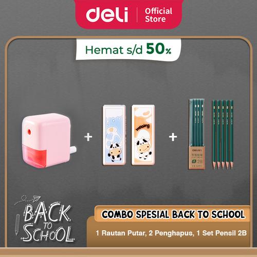 [EZO.7001754] PAKET SIAP SEKOLAH DELI - Rautan Putar, Penghapus Lucu, Set Pensil 2B