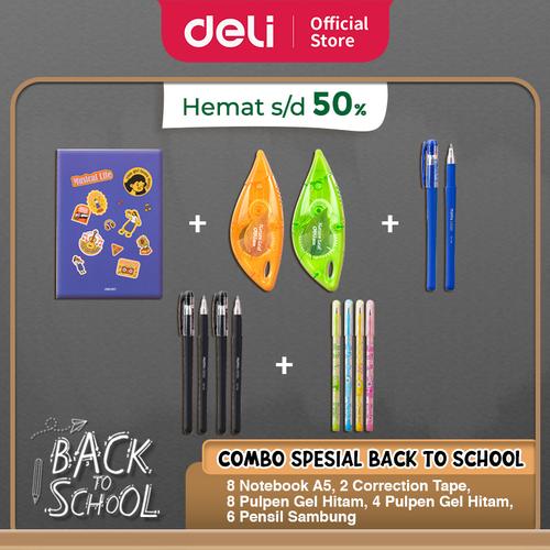 [EZO.7001755] PAKET SIAP SEKOLAH DELI - Buku Tulis A5, Correction Tape, Gel Pen