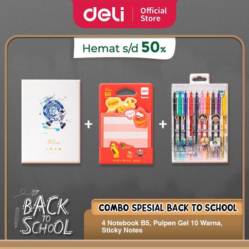 [EZO.7001756] PAKET SIAP SEKOLAH DELI - Buku Tulis B5, Gel Pen Warna, Sticky Notes