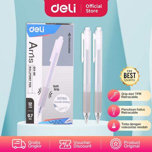 [EZO.7002121] Deli Ballpoint Pen Retracable / Pulpen 0.7mm Tinta Hitam Isi12pcs EQ13