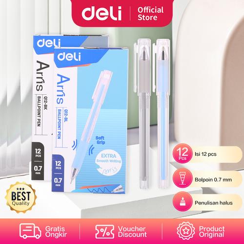 [EZO.7002122] Deli Ballpoint Pen / Pulpen 0.7mm Tinta Hitam&Biru Isi 12pcs/box EQ12