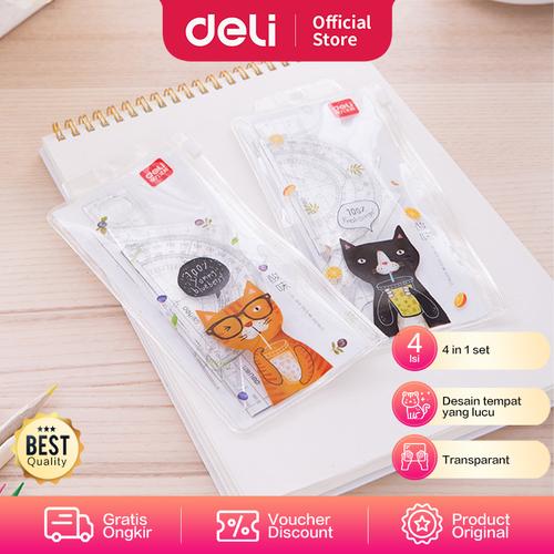 [EZO.7002139] Deli School Ruler / Penggaris Set 4pcs Transparan Desain Lucu 71967