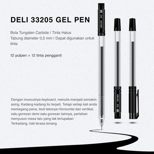 [EZO.7002746] Deli Gel Pen 0.5mm Penulisan Ekstra Halus 12pcs +Isi Ulang 12pcs 33205