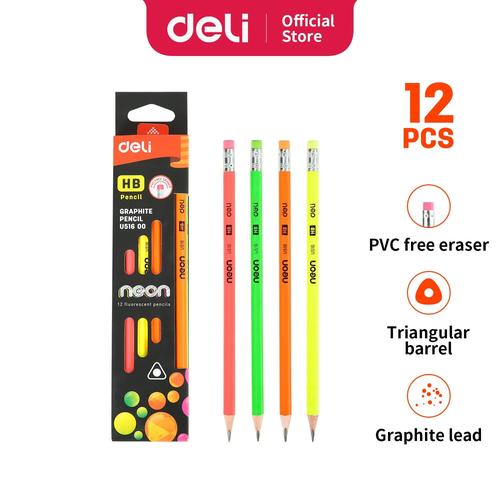 [EZO.7002769] Deli EU51600 Grafit Pensil Kayu 12 Pcs/Box 4 Warna dengan Penghapus