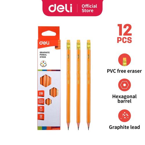 [EZO.7002799] Deli E37000 Pensil Kayu- 2B w/eraser- Orange
