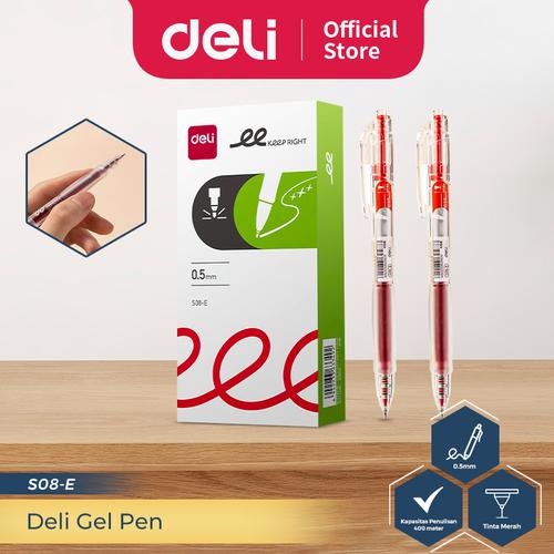 [EZO.7300024] Deli Gel Pen / Pulpen Gel Retractable Pen Cetek 0.5 mm Tinta Merah 12 pcs S08-E