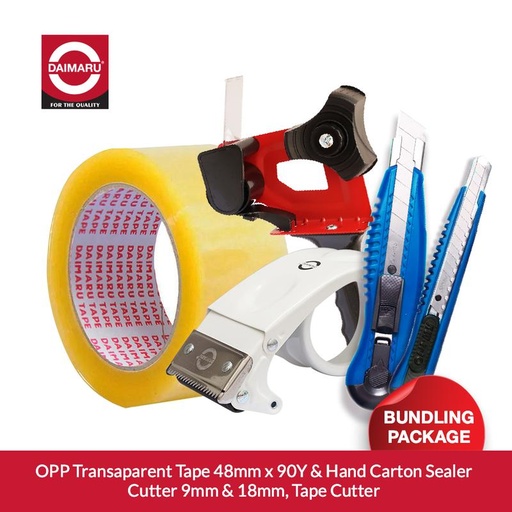 [EZM.1130035] Daimaru OPP Transparent Tape Lakban  48mm x 90Y Bundling Tape Cutter, Hand Carton Sealer, Cutter 9mm & Heavy Duty Cutter 18mm