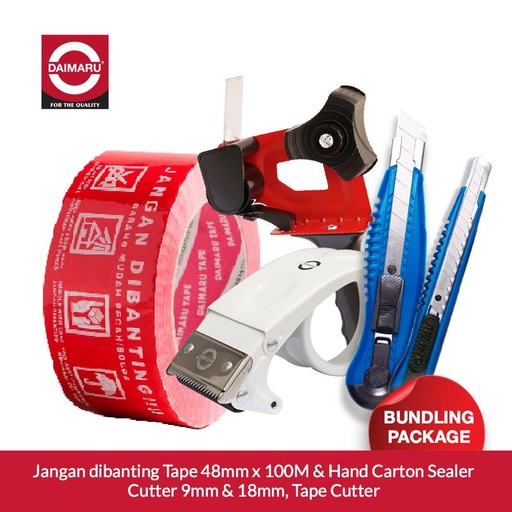 [EZM.1130038] Daimaru OPP Printed Tape Lakban Jangan dibanting 48mm x 100M Bundling Tape Cutter, Hand Carton Sealer, Cutter 9mm & Heavy Duty Cutter 18mm