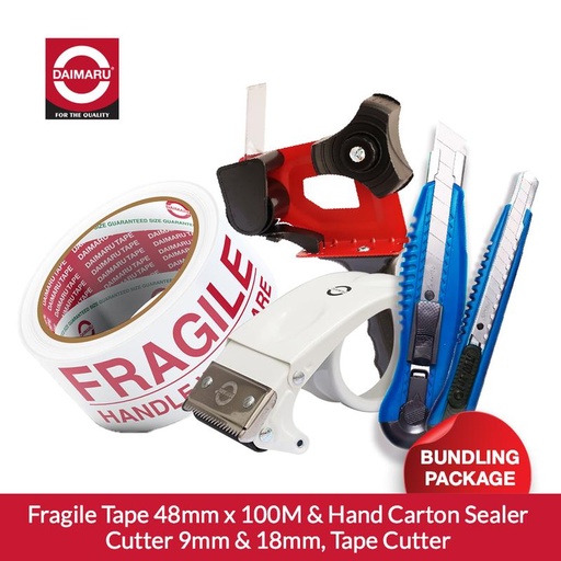 [EZM.1130040] Daimaru OPP Printed Tape Lakban Fragile 48 mm x 100 meter Bundling Tape Cutter, Hand Carton Sealer, Cutter 9mm & Heavy Duty Cutter 18mm