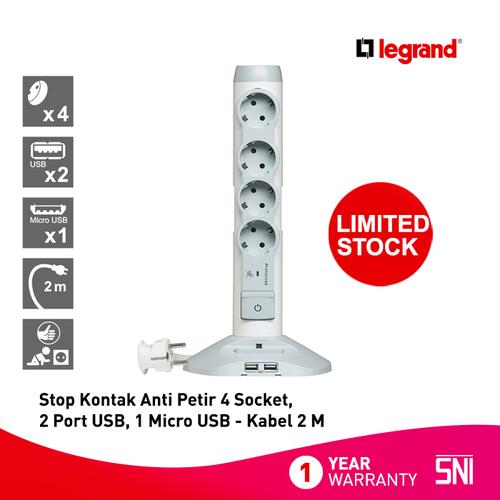 [EZM.7200130] Legrand Stop Kontak Anti Petir 4 Socket, 2 Port USB, 1 Micro USB