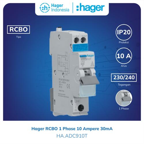 [EZM.7600009] Hager RCBO 1 Phase 10 Ampere 10A 6kA 30mA ADC910T 1P+N