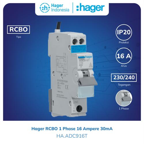[EZM.7600010] Hager RCBO 1 Phase 16 Ampere 16A 6kA 30mA ADC916T 1P+N