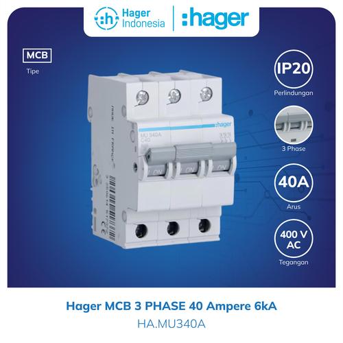 [EZM.7600011] Hager MCB 3P 40 Ampere 3 Phase 40A 6kA 3 Pole MU340A