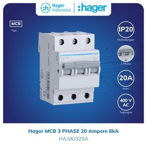 [EZM.7600014] Hager MCB 3 Phase 20A 3P 20 Ampere 3 Pole 6kA MU320A