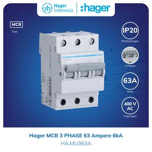 [EZM.7600015] Hager MCB 3P 63A 3 Phase 63 Ampere 3 Pole 6kA MU363A