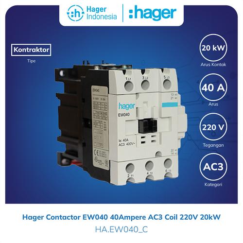 [EZM.7600017] Contactor Hager EW040 40a 40 Ampere AC3 Coil 220V 20kW Kontaktor EW040C