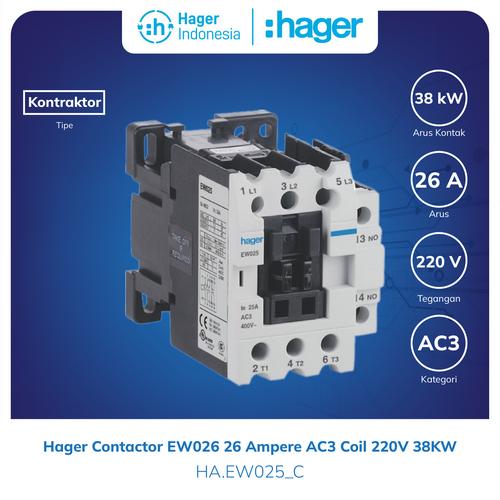 [EZM.7600019] Contactor Hager EW025 26a 26 Ampere AC3 Coil 220V 38kW Kontaktor EW025C