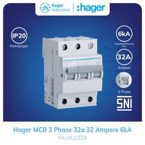 [EZM.7600053] MCB Hager 32 Ampere 3a 3 Phase 3P 3 Pole 6kA MU332A