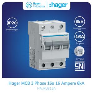 [EZM.7600069] Hager MCB 3 Phase 16a 16 Ampere 3P 3 Pole 16 Amper 6kA MU316A