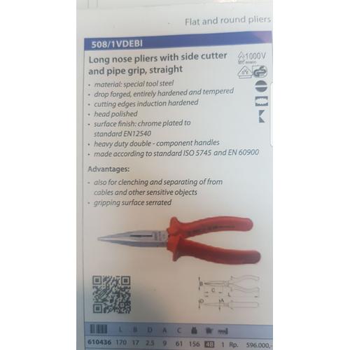 [EZR.3601422] tang lancip Unior 6" cucut buaya 1000V long nose plier 508/1VDEBI ASLI