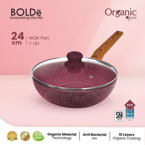 [EZO.4800050] Organic Rose Wok Pan 24cm Glass Lid - Pan Anti Lengket Granite Coating