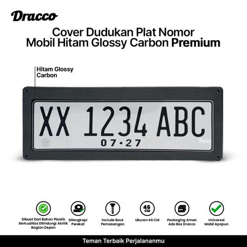 [EZO.4400006] DRACCO Cover tatakan dudukan tempat plat nomor mobil carbon hitam dan glossy perekat 2 pcs premium
