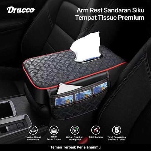 [EZO.4400097] DRACCO Arm rest sandaran siku tempat tisu HITAM list merah kompartemen mobil serbaguna premium