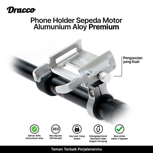 [EZO.4400186] DRACCO Phone holder handphone sepeda motor free bracket dudukan ponsel aluminium aloy premium-silver