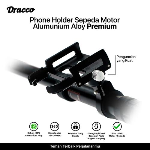 [EZO.4400187] DRACCO Phone holder handphone sepeda motor free bracket dudukan ponsel aluminium aloy premium-hitam