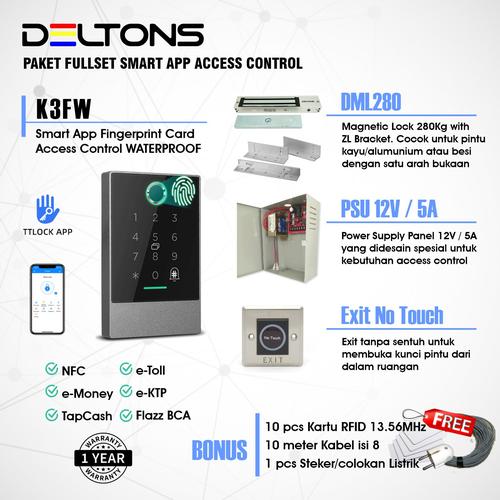 [EZO.7700013] Paket Lengkap Smart Door Access Control Deltons K3FW Fingerprint RFID TTlock Outdoor EM Lock