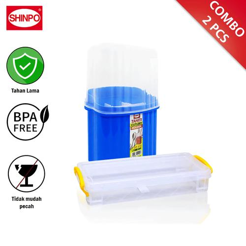 [EZM.6500227] SHINPO Kotak Serbaguna Kawai & Tempat Sendok Tahiti Biru Plastik COMBO 2 Pcs Kotak Masker Cutlery Holder Serbaguna 2X-CMB-SPO