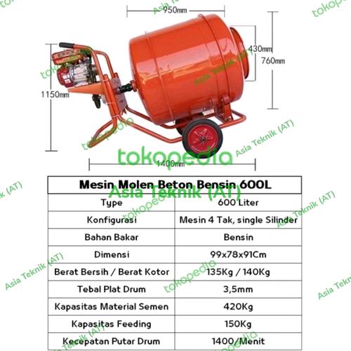 [EZM.1390655] Mesin Pengaduk Semen Beton Molen 600 Liter