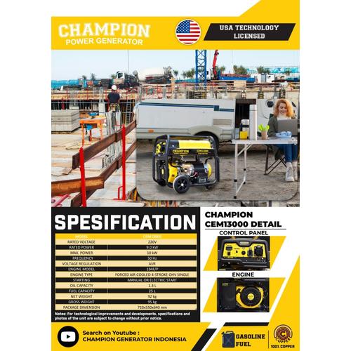 [EZM.1400133] Genset Open Gasoline 10000 Watt Champion CEM 13000