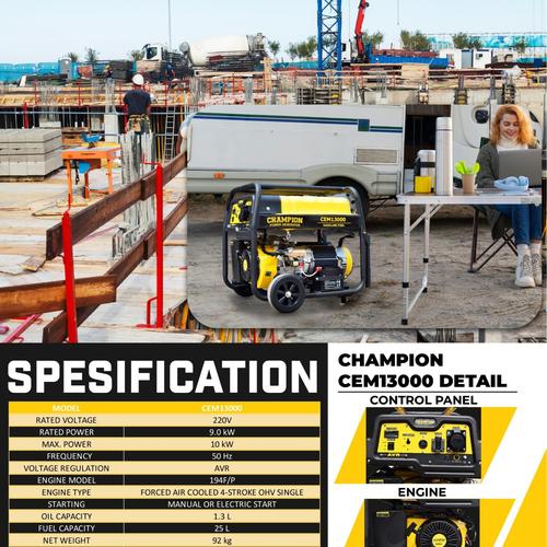 [EZM.1400134] Genset 10000 Watt Champion CEM 13000 - Genset Open Gasoline
