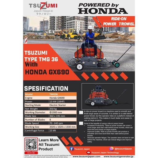 [EZM.1400375] Mesin Trowel Duduk / Perata Cor Duduk TSUZUMI HONDA TMG36