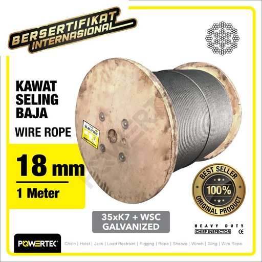 Wire Rope / Kawat Seling Baja 35xK7 WSC 18mm Galv POWERTEC - 1 Meter