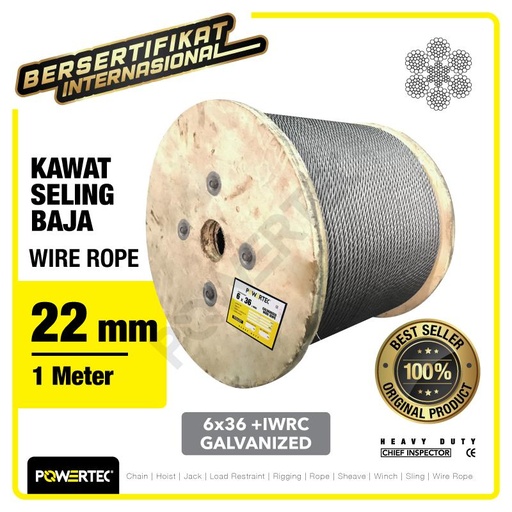 Wire Rope / Kawat Seling Baja 6x36 IWRC 22mm Galv POWERTEC - 1 Meter