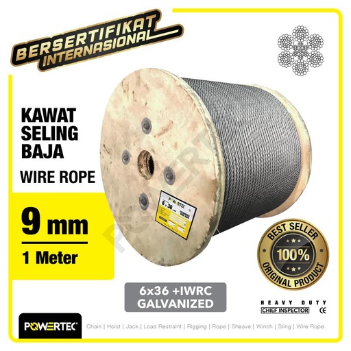 Wire Rope / Kawat Seling Baja 6x36 IWRC 9mm Galv POWERTEC - 1 Meter