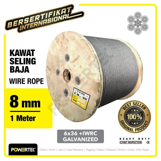 Wire Rope / Kawat Seling Baja 6x36 IWRC 8mm Galv POWERTEC - 1 Meter