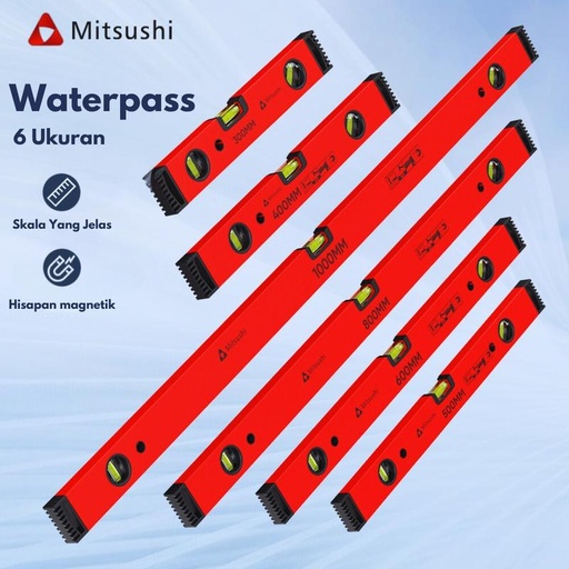 [EZM.1460163] Mitsushi Spirit Level Waterpass Magnet Penggaris Pengukur Horizontal Akurat Perkakas 30/40/50/60/80/100CM