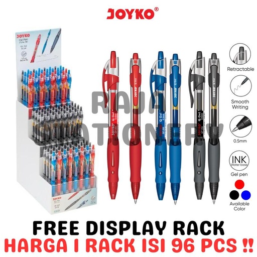 [EZO.1050068] JOYKO GEL PEN QGEL BLACK BLUE RED PENA PULPEN JOYKO CETEK Q-GEL HITAM BIRU MERAH GP-265 PACK FREE RACK DISPLAY [96PCS]