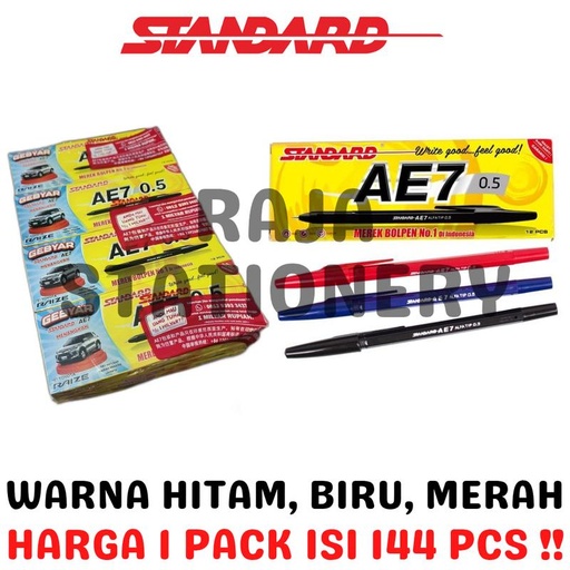 [EZO.1050098] STANDARD AE7 0.5 BLACK BLUE RED BALL PEN BOLPEN PENA PEN STANDARD AE7 HITAM BIRU MERAH 0.5 LUSIN BOX PACK GROSS [144PCS]