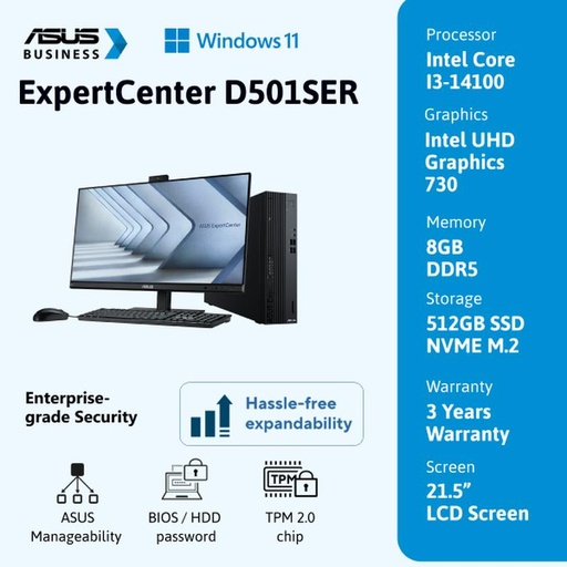 [EZO.2300021] ASUS PC SFF ExpertCenter D501SER-385000001W Intel Core i3-14100 8GB DDR5 U-DIMM 512GB M.2 2280 Windows 11 Home M365 (30D) Warranty 3Y OSS (include 1Y ADP) LCD 21.5-inch