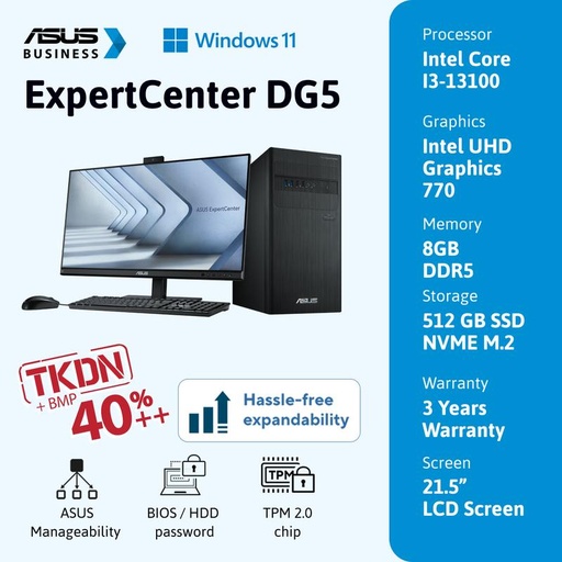 [EZO.2300070] ASUS PC DESKTOP DG500MER-385W ExpertCentre I3-13100 8GB 512GB Intel UHD Graphics 770 W11 HOME 3Y Warranty