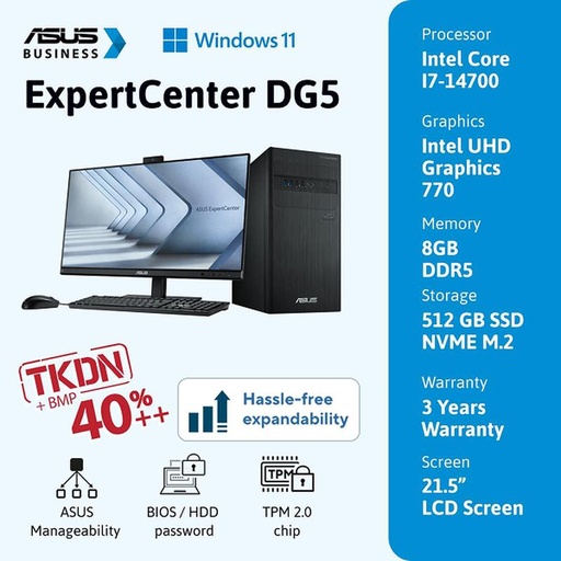 [EZO.2300073] ASUS PC DESKTOP ExpertCentre I7-14700 16GB 512GB Intel UHD Graphics 770 W11 HOME 3Y Warranty