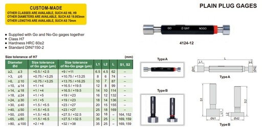 [4124-14] Insize 4124-14 Kaliber Poros Plain Plug Gage, H7 14mm