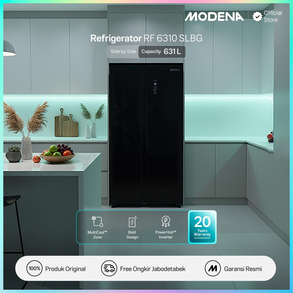 MODENA RF 6310 SLBG Side By Side Kulkas 631L - PowerHub & Dual Inverter