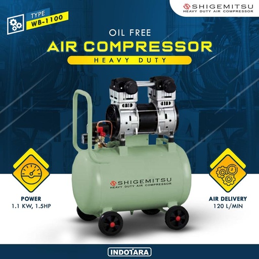 [EZM.1012044] Kompresor Angin Oil Free 1.5HP Shigemitsu WB1100-1A36L
