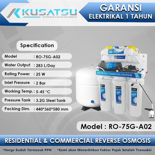 Kusatsu Reverse Osmosis RO-75G-A02 Manual Flush 6-Stages